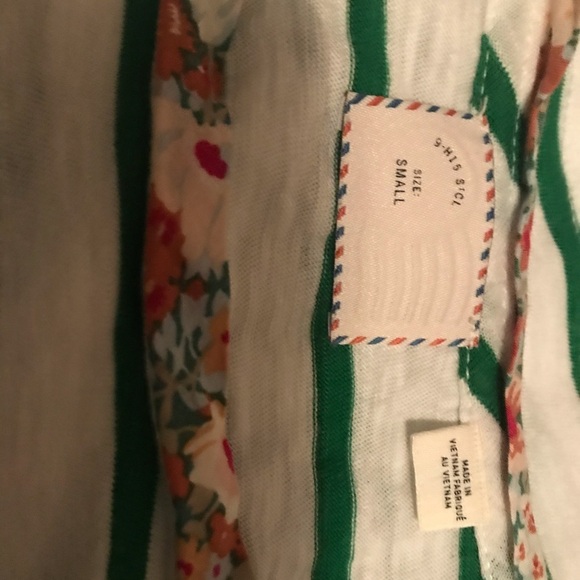 Anthropologie Postmark 3/4 Ruffled Sleeve Striped Top with Floral Neck - Picture 6 of 7